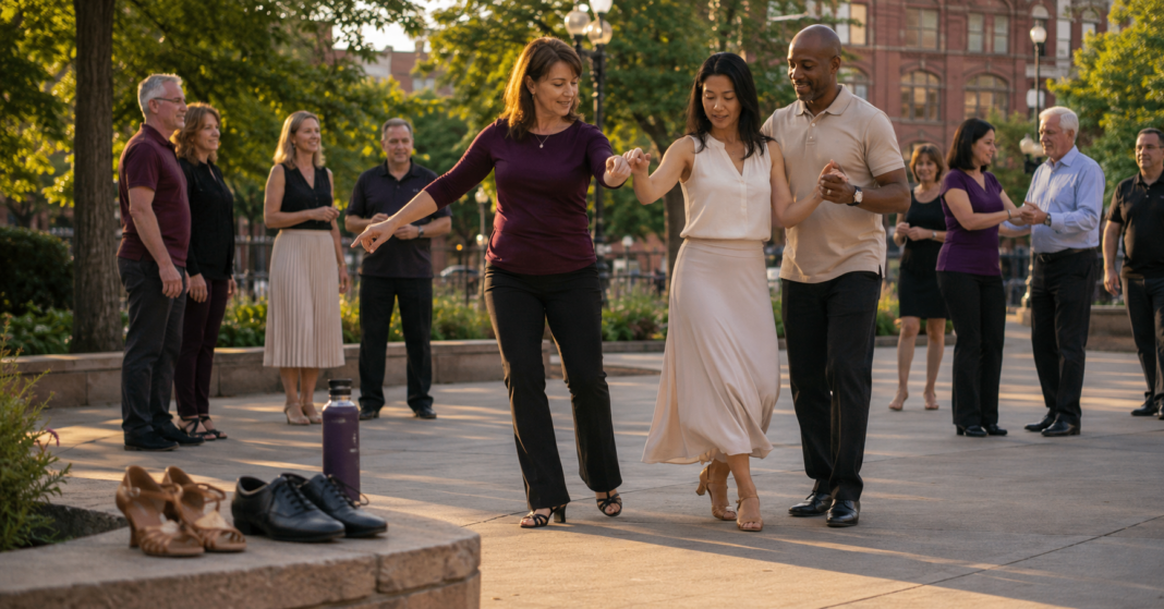 Outdoor Ballroom Dancing in the Twin Cities Outdoor ballroom dancing in a St. Paul park with a female instructor guiding Twin Cities adults