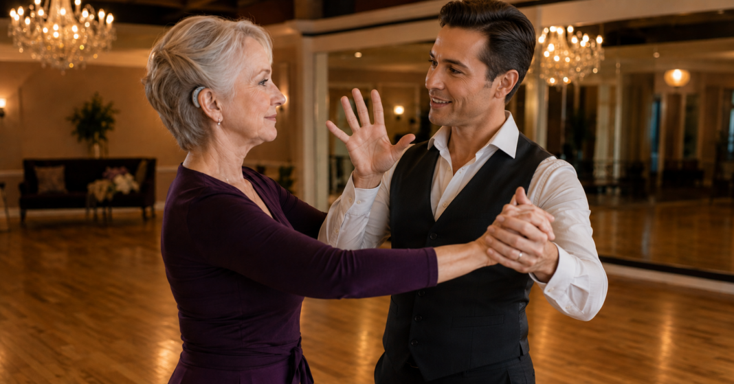 Ballroom Dancing With Hearing Aids Adult ballroom beginner wearing hearing aids follows a visual count from her dance instructor.