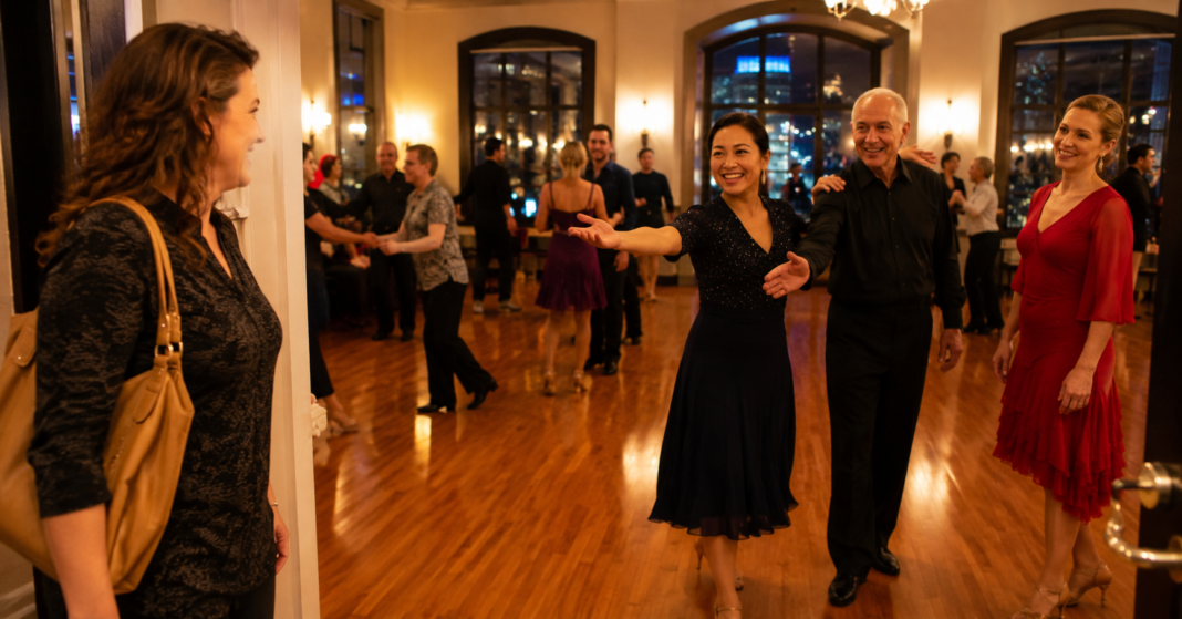 First Ballroom Social Alone Woman attending her first ballroom social alone at a Twin Cities ballroom dance studio