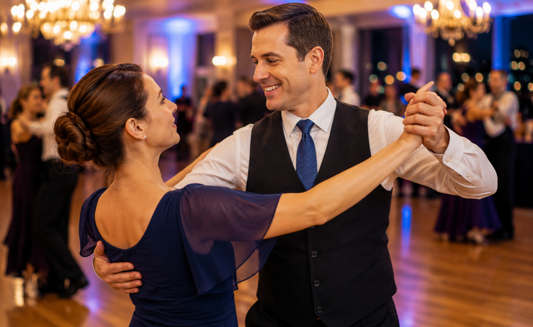 A man dancing with a woman at a lively ballroom social while helping her feel comfortable and confident