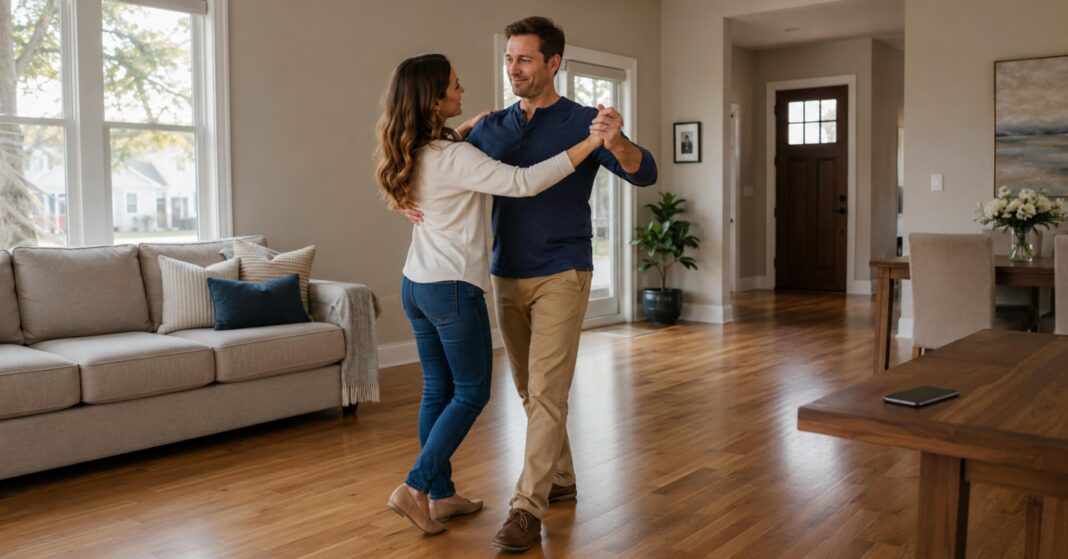 Why Couples Forget Wedding Dance Steps at Home Engaged couple practicing their wedding dance at home while trying to remember the next step.