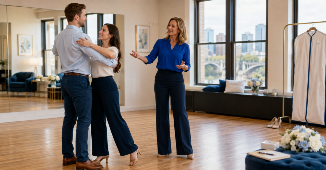 Beginner couple taking personalized wedding dance lessons with Amy Hanson in the Twin Cities