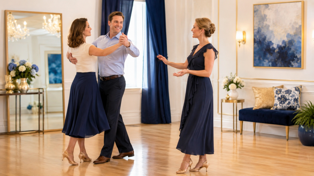 Adult beginner couple taking a private ballroom dance lesson in St. Paul