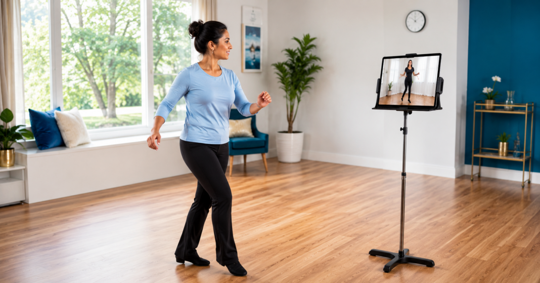 Beginner Learning Ballroom Dance Online | Ballroom by Amy Adult beginner practicing a ballroom dance step while following a free online lesson on a tablet.