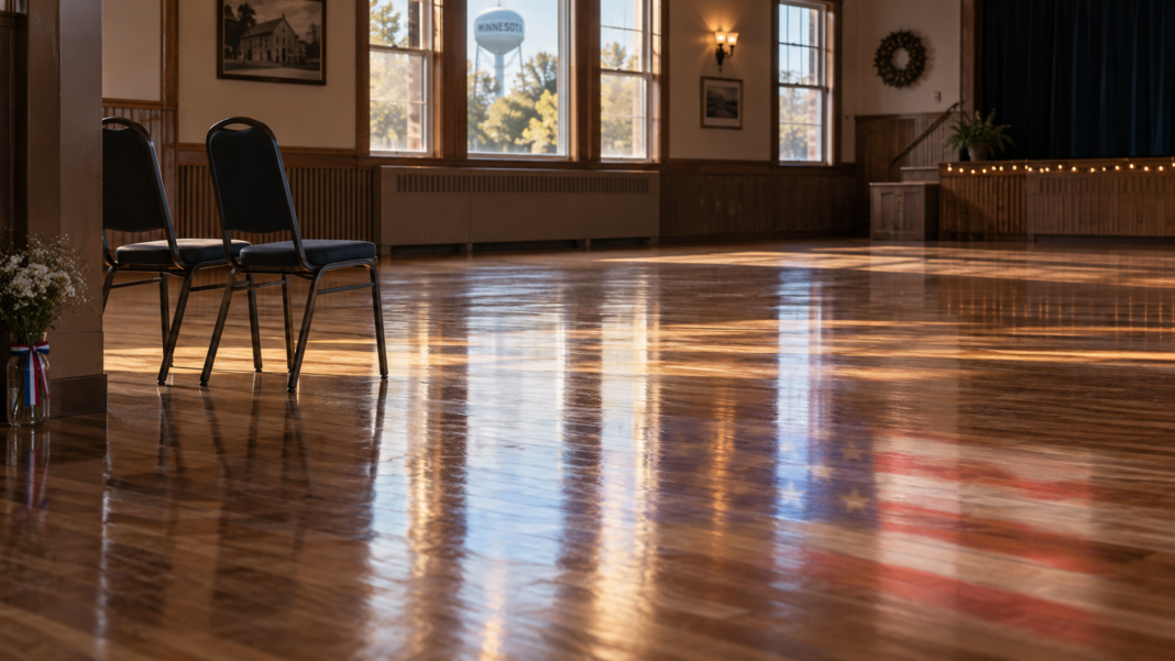 25 Years Later: Remembering September 11 Through Minnesota’s Dance Community Empty Minnesota ballroom with two chairs, soft morning light, and a subtle American flag reflection on the polished dance floor.
