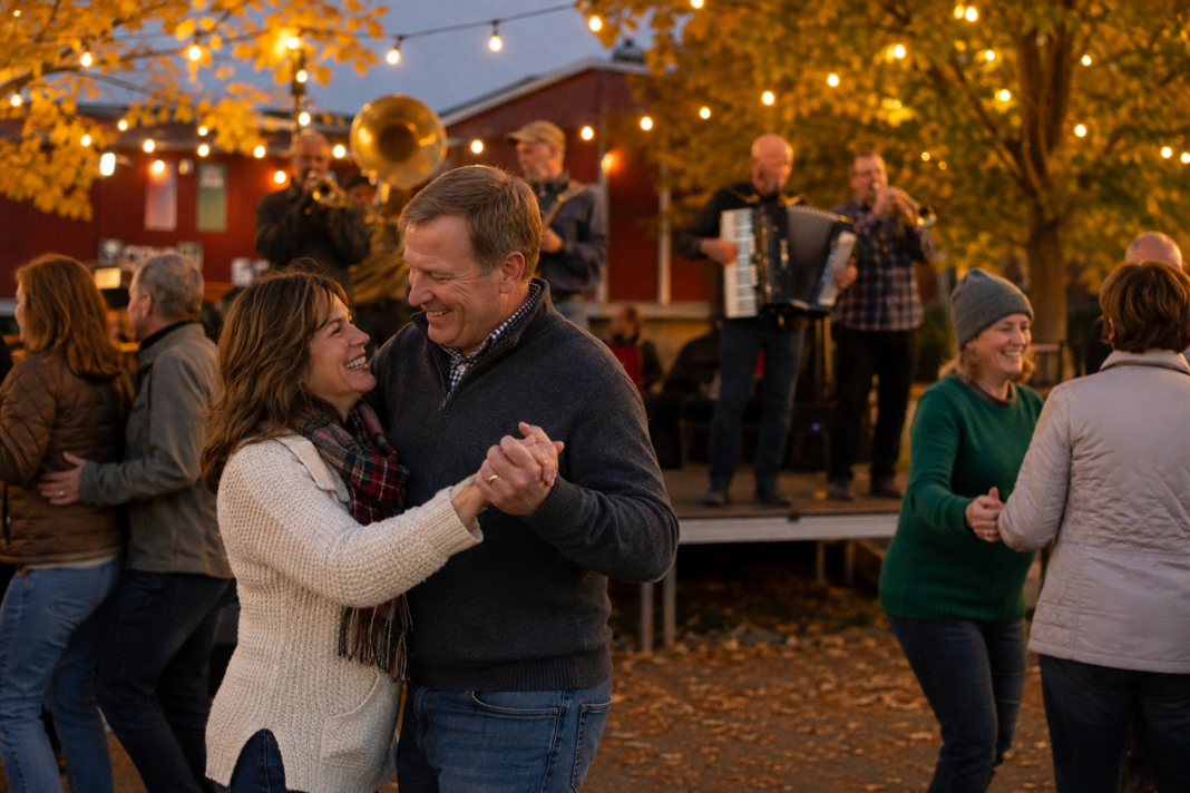 Minnesota Polka Dancing at a Fall Oktoberfest Adult couple polka dancing at a Minnesota Oktoberfest with live music and fall decorations