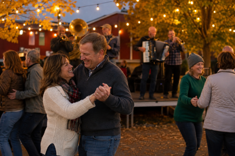 Adult couple polka dancing at a Minnesota Oktoberfest with live music and fall decorations