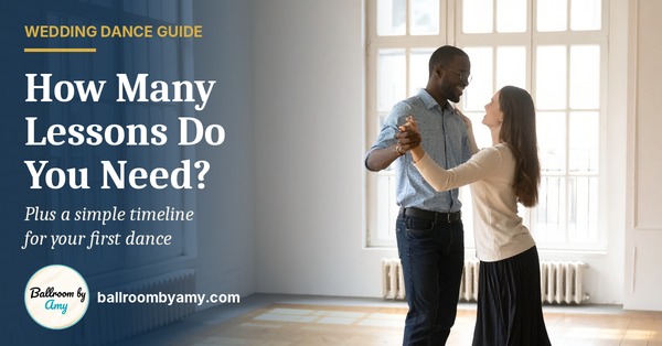 Illustration of an engaged couple laughing while practicing their first dance in a bright studio, with the headline How Many Lessons Do You Need?