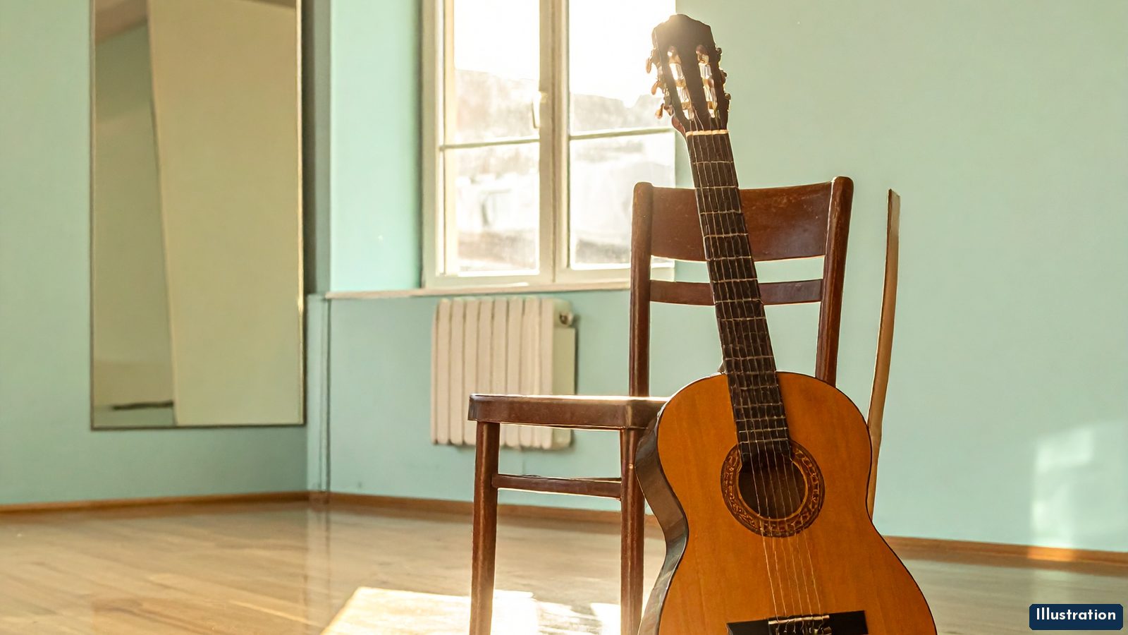 Illustration: an empty dance studio at golden hour, a classical guitar resting against a wooden chair on a honey-colored wood floor, with a tall wall mirror and soft teal walls behind.
