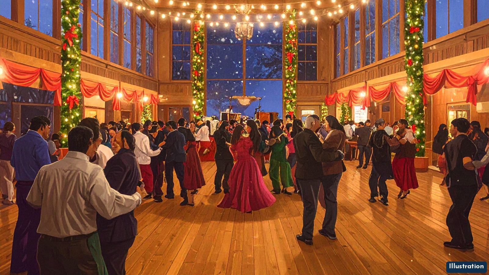 Illustration: a wide view across a winter holiday party in a wood-paneled hall at night, with couples dancing in pairs on a polished wood floor under evergreen garlands, red bows and strings of warm lights, and tall windows showing blue twilight.