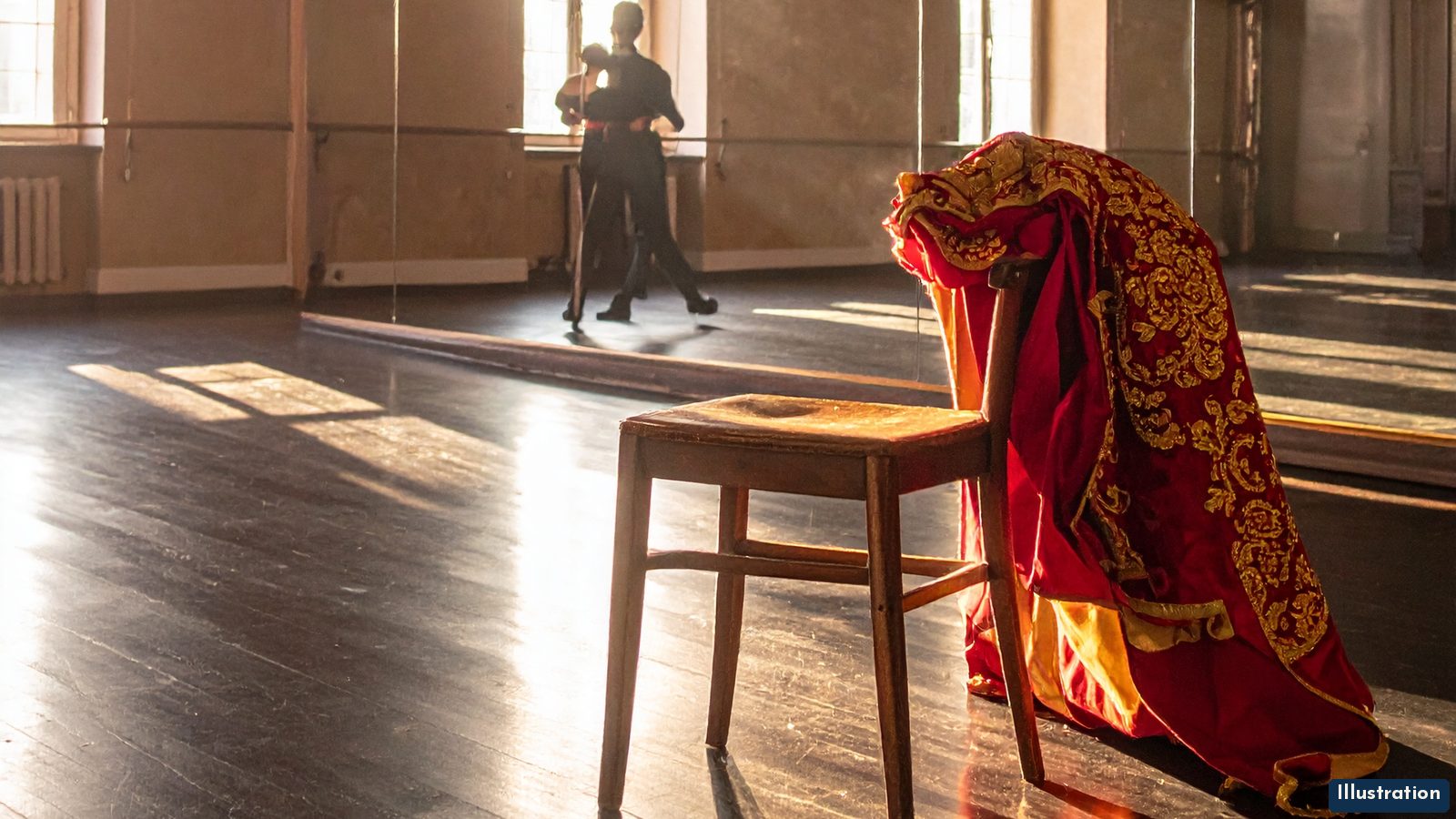 Illustration: a sunlit dance rehearsal studio at golden hour with tall arched windows and wall mirrors, a crimson and gold matador-style cape draped over a wooden chair in the foreground, and a small couple practicing far off by the mirror.