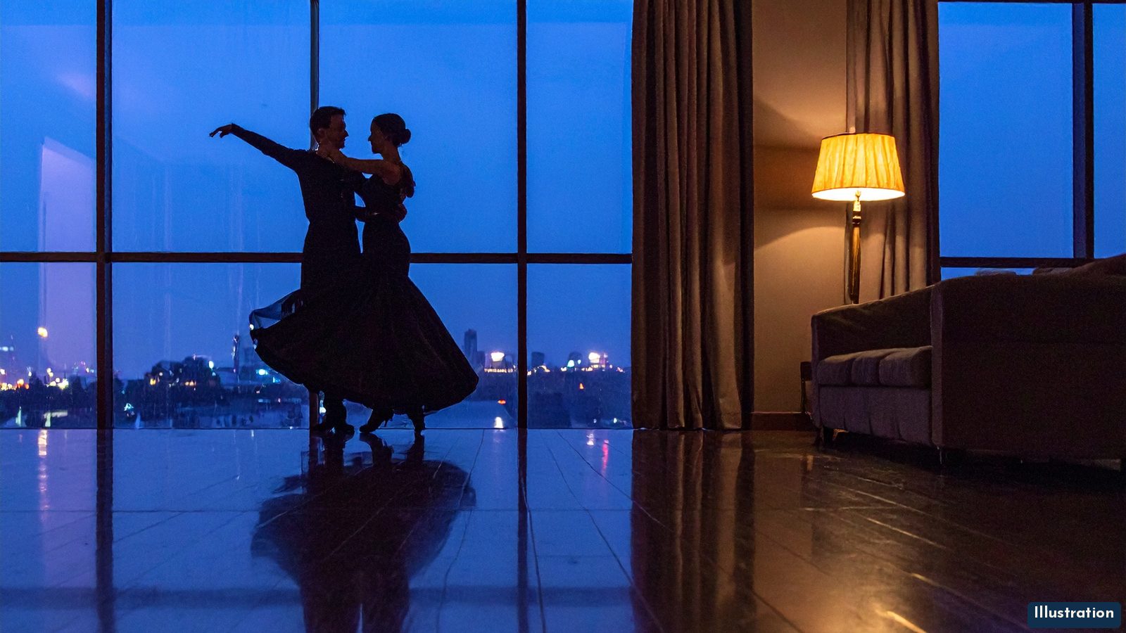 Illustration of a couple in a ballroom dance hold, seen in silhouette, dancing slowly in front of a tall window at blue hour, with city lights outside, a warm floor lamp and the couple reflected in a polished wood floor.