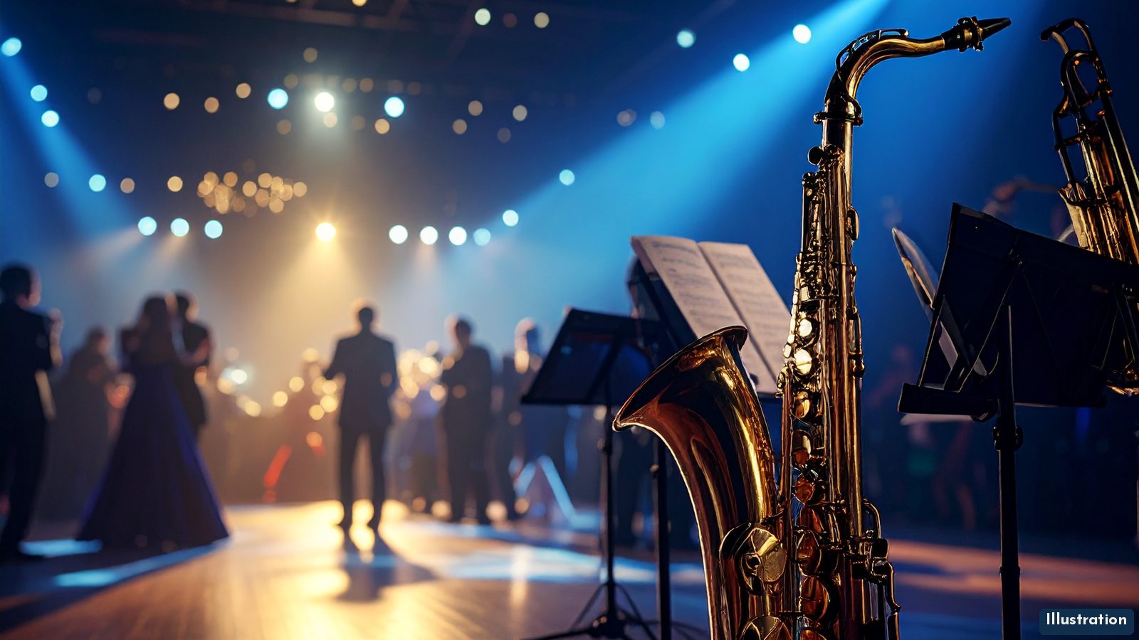 Illustration: a gleaming brass saxophone and a music stand with sheet music at the edge of a bandstand, with a polished dance floor beyond under blue and gold stage lights and guests shown only as soft, blurred shapes.