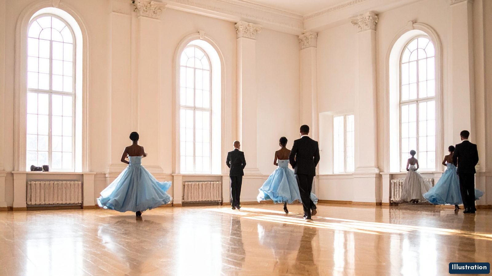 Illustration: dancers in black tailsuits and pale blue ballroom gowns, all seen from behind, walking out onto a sunlit wooden floor in a bright white ballroom with tall arched windows.