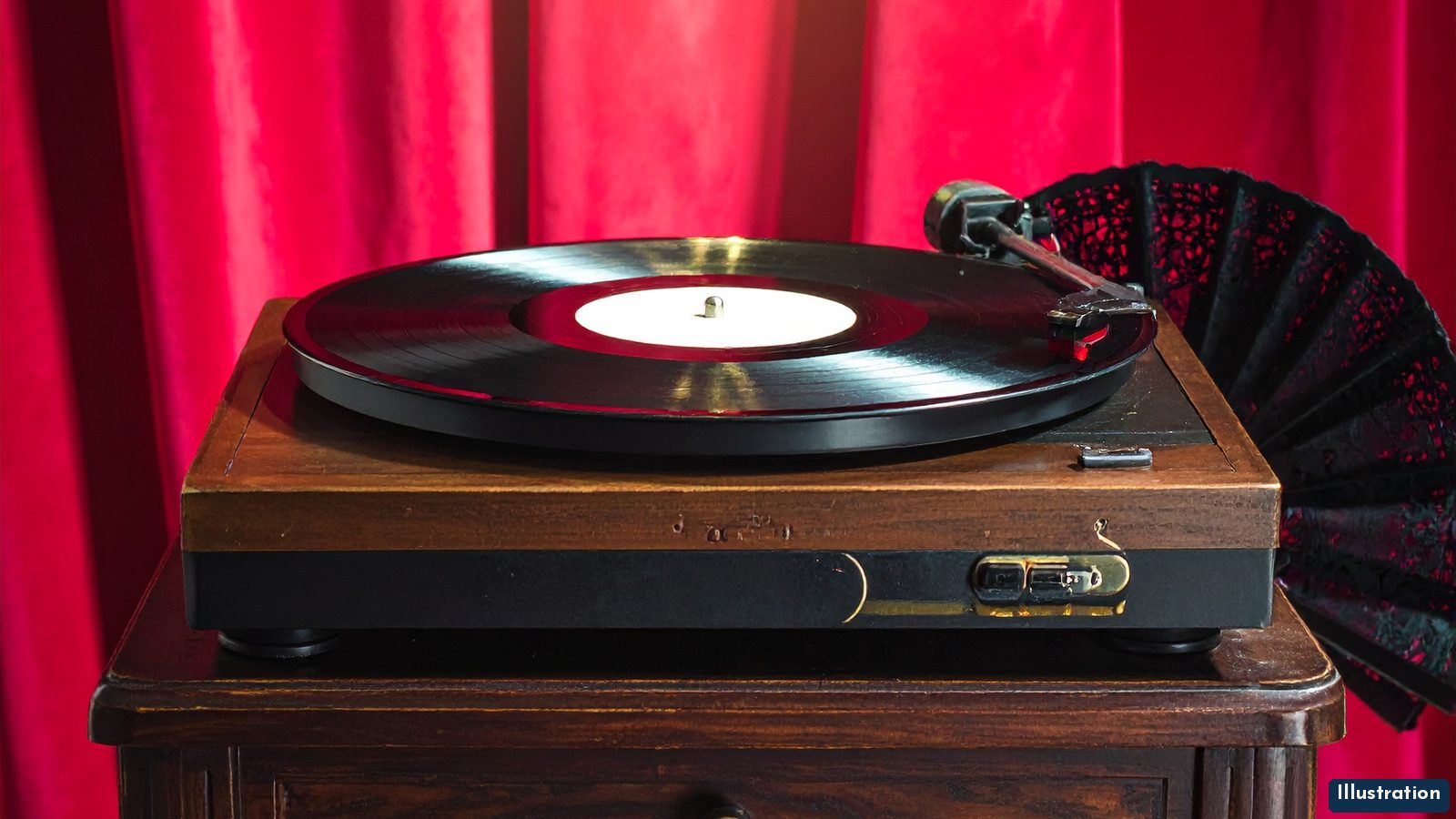 Illustration of a vintage record player on a dark wooden table in front of a crimson velvet curtain, with a black lace fan beside it, under a single warm spotlight.