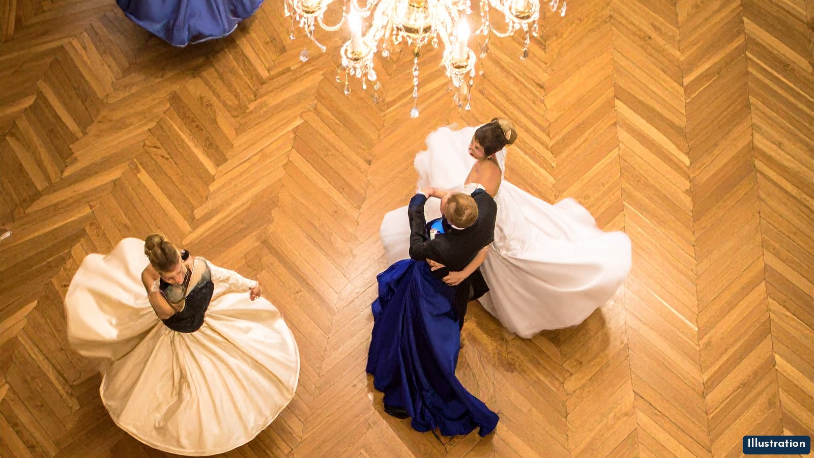 Illustration of a grand gilded ballroom seen from a high balcony, with couples in ivory and deep blue gowns turning across a herringbone parquet floor beneath a crystal chandelier.