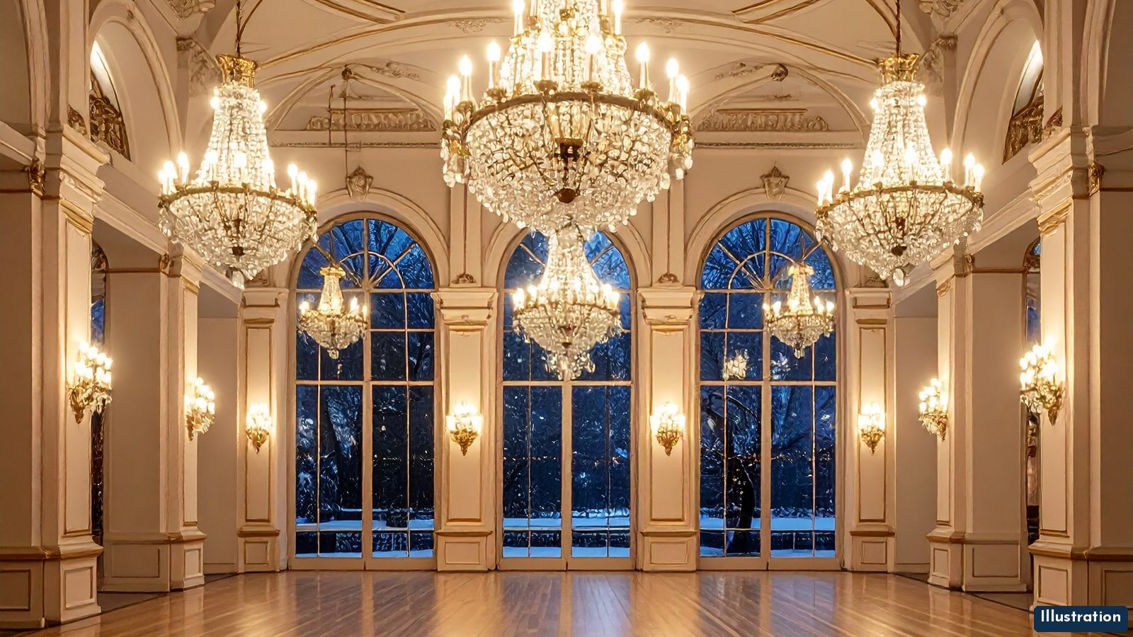 Illustration of an empty grand ballroom before a winter gala, with glowing crystal chandeliers, tall windows showing blue twilight snow, and a polished wood dance floor.
