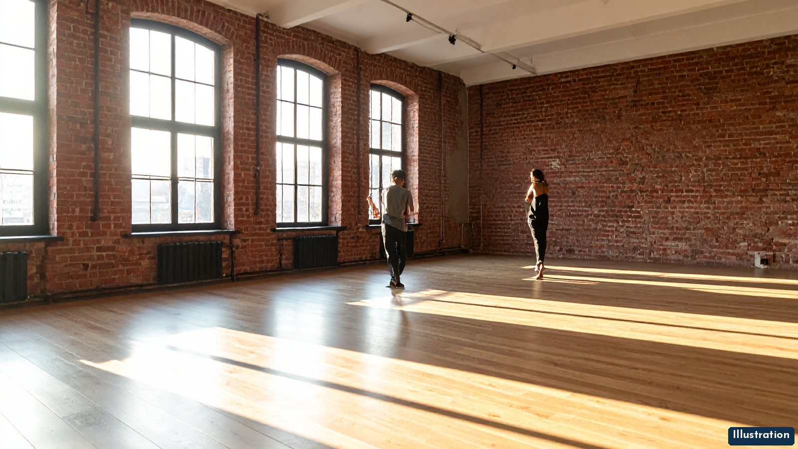 Illustration: a bright, empty loft dance studio in late afternoon with red brick walls, tall arched windows and a light wood floor crossed by long strips of sunlight, with two dancers standing far apart at the far end of the room.